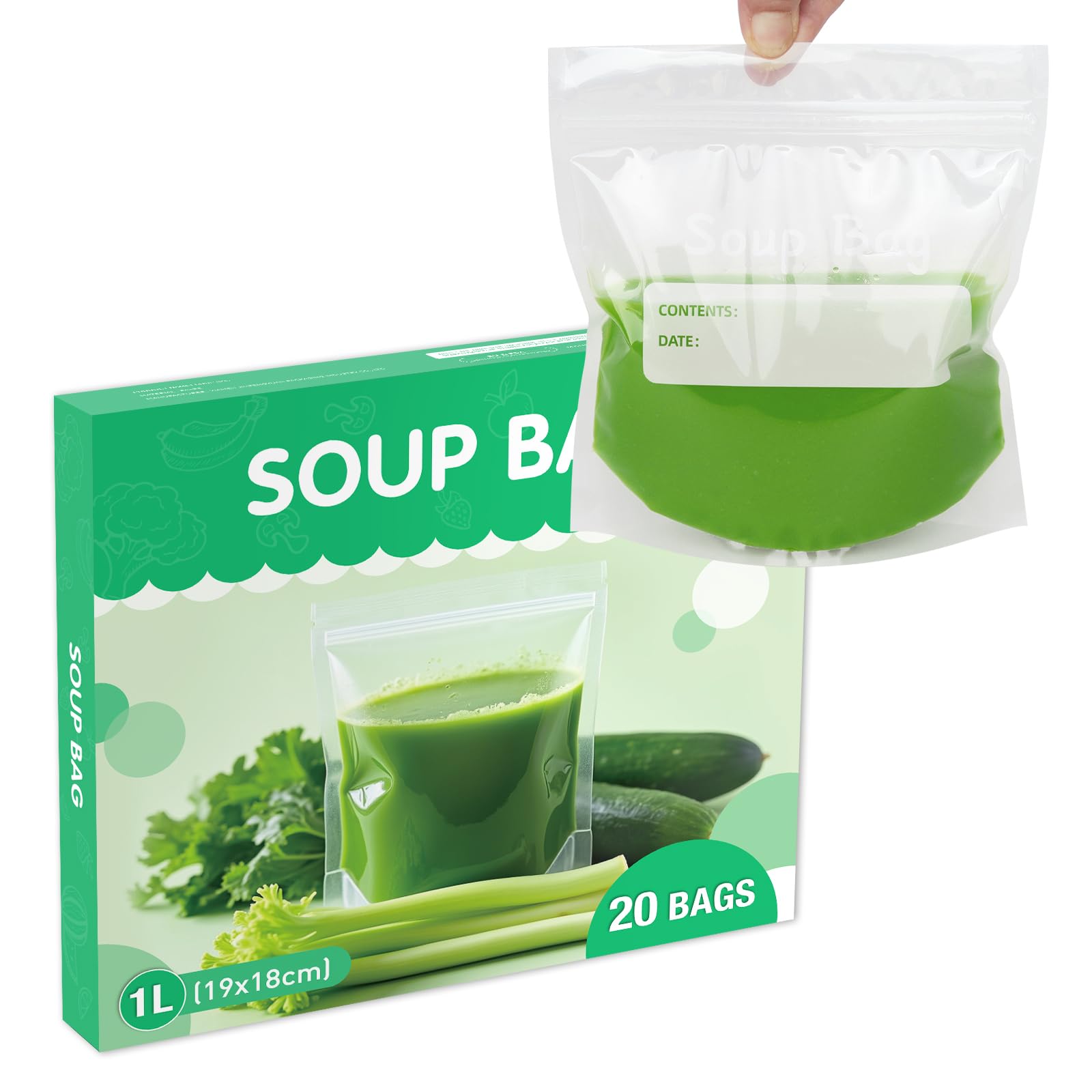 Newkobag Green 20 Soup&Sauce Seal Freezer Bags Reusable Liquid Storage Bags Large Size To Storage For Soups, Chillis, Bolognese Sauces, Curries, Any Liquid 1000Ml