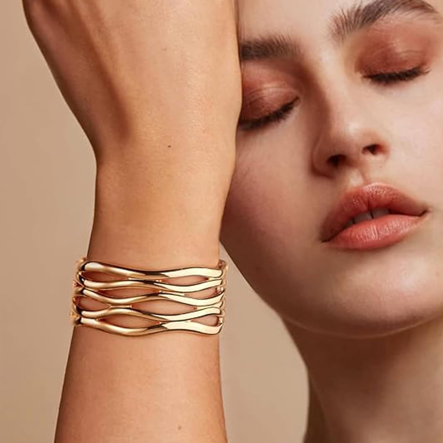 18K Gold Plated Chunky Bangle Bracelets for Women Trendy No-tarnish Open Bangles Irregular Minimalist Geometric Arm Cuff Bracelet Jewelry Gift For Mom and Girlfriend - Image 5