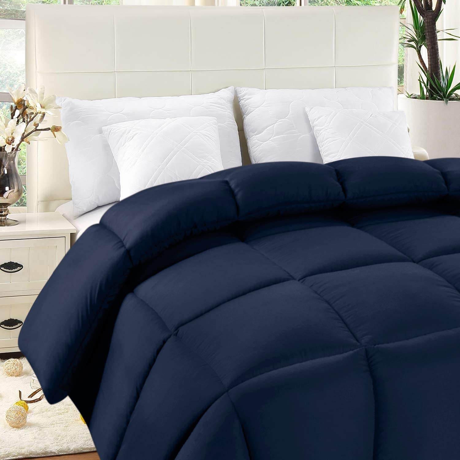 King Size Duvet – Plain Quilt Comforter Bedspreads, Coverlets & Sets, 2 Pillowcases Warm and Anti Allergy All Season Coverless Duvet, Throws For Bed. (King (220x230cm), Navy Blue)
