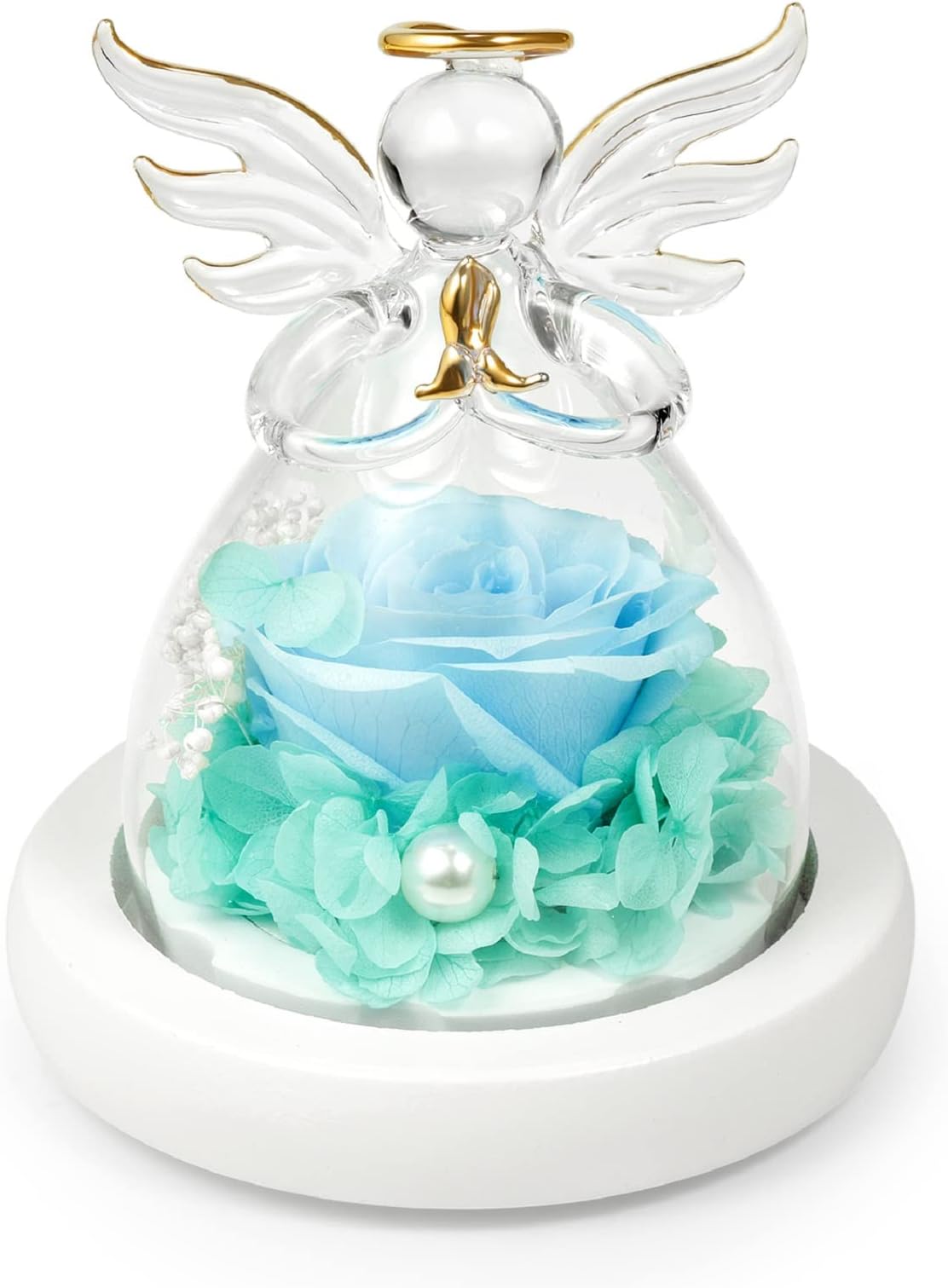LG LOUIS GARDENEternal Rose In Glass Angel Figurines, Preserved Blue Rose Forever Flower With Led Light And Wood Base, Wedding Anniversary Mother's Day Birthday Romantic Gift For Her