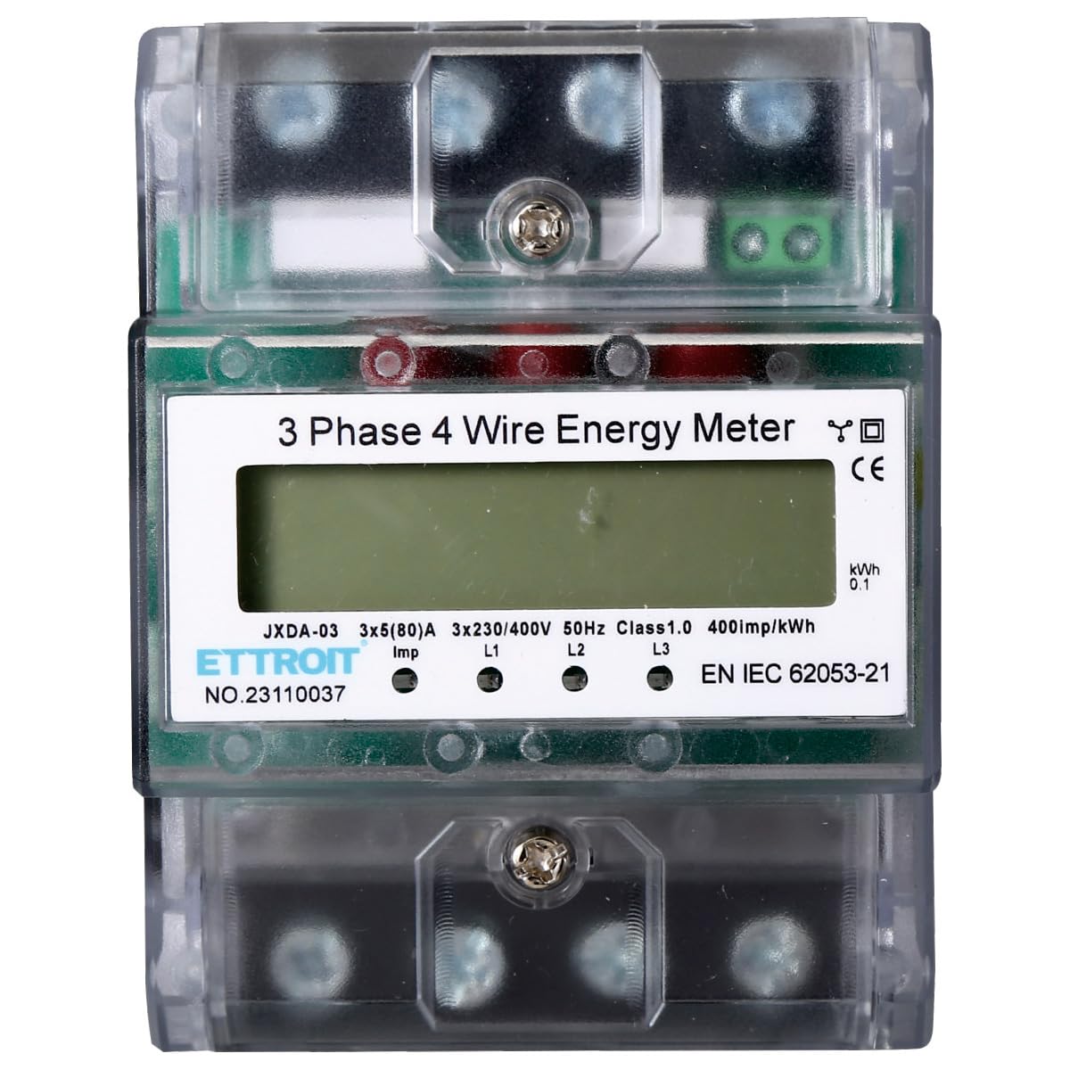 Contatore Energia Elettrica Trifase 4P, 220/380V 5-80A, Misuratore di Potenza Elettrica Digitale, Occupa 4 Moduli su Guida DIN, Display LCD