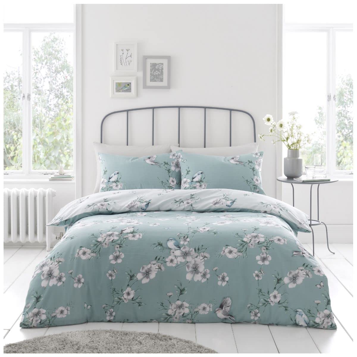 Gc Gaveno Cavailia Duck Egg Floral Double Duvet, Ultra Soft Botanical Vintage Bedding Sets, Reversible Polycotton Bedset