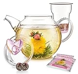 Teabloom Eternal Love Teapot – Glass Teapot (36 oz), Heart-Topped Lid, Glass Loose Leaf Tea Infuser + 2 Gourmet Blooming Teas - Thermal Shock Resistant - Stovetop Safe