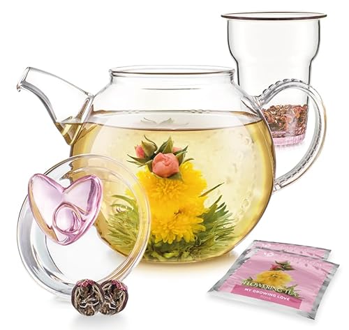 Teabloom Eternal Love Teapot – Glass Teapot (36 oz), Heart-Topped Lid, Glass Loose Leaf Tea Infuser + 2 Gourmet Blooming Teas - Thermal Shock Resistant - Stovetop Safe