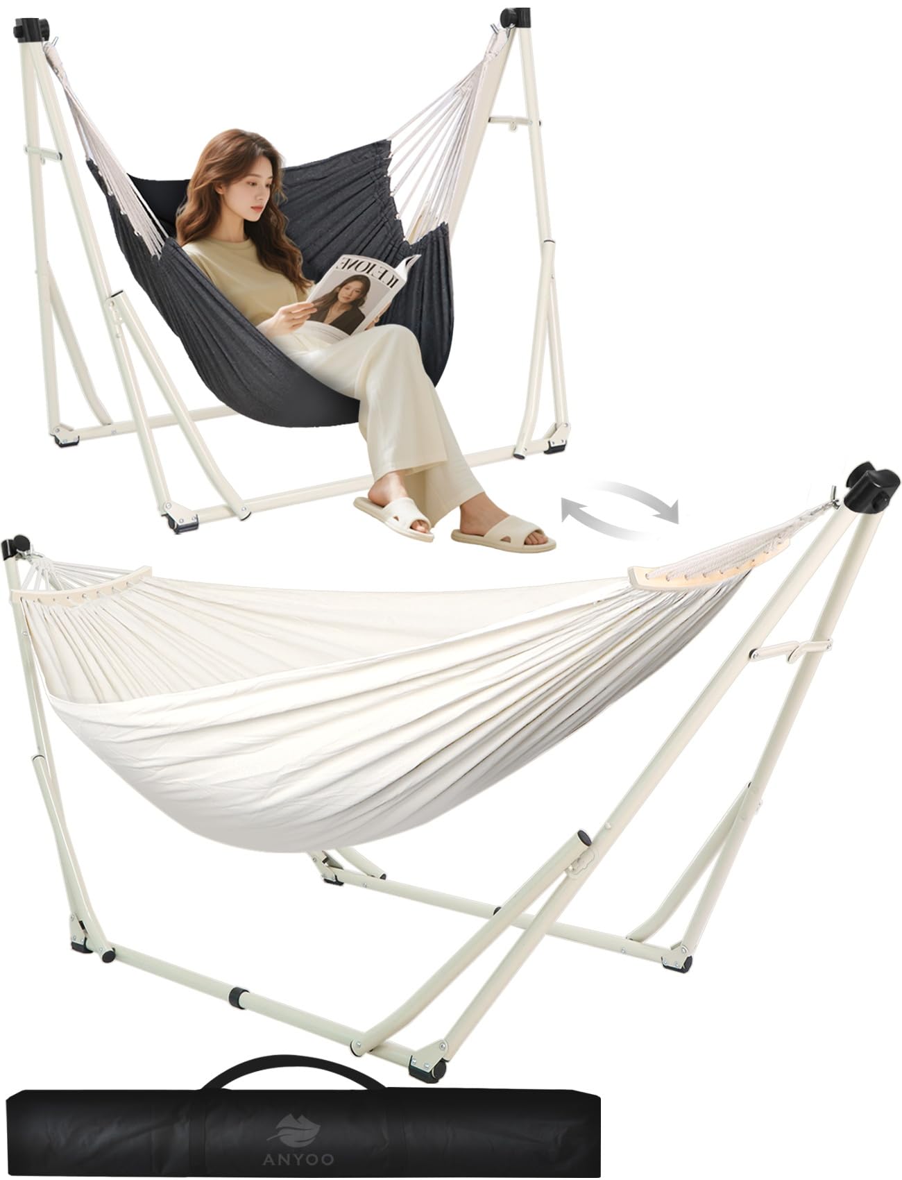 Anyoo 2 in 1 Hammock and Swinging Chair with Collapsible Steel Stand & Carrying Case,Portable & Adjustable,Easy Set Up for Outdoor,Indoor,Porch Swing,Patio,Garden,Camping Trip