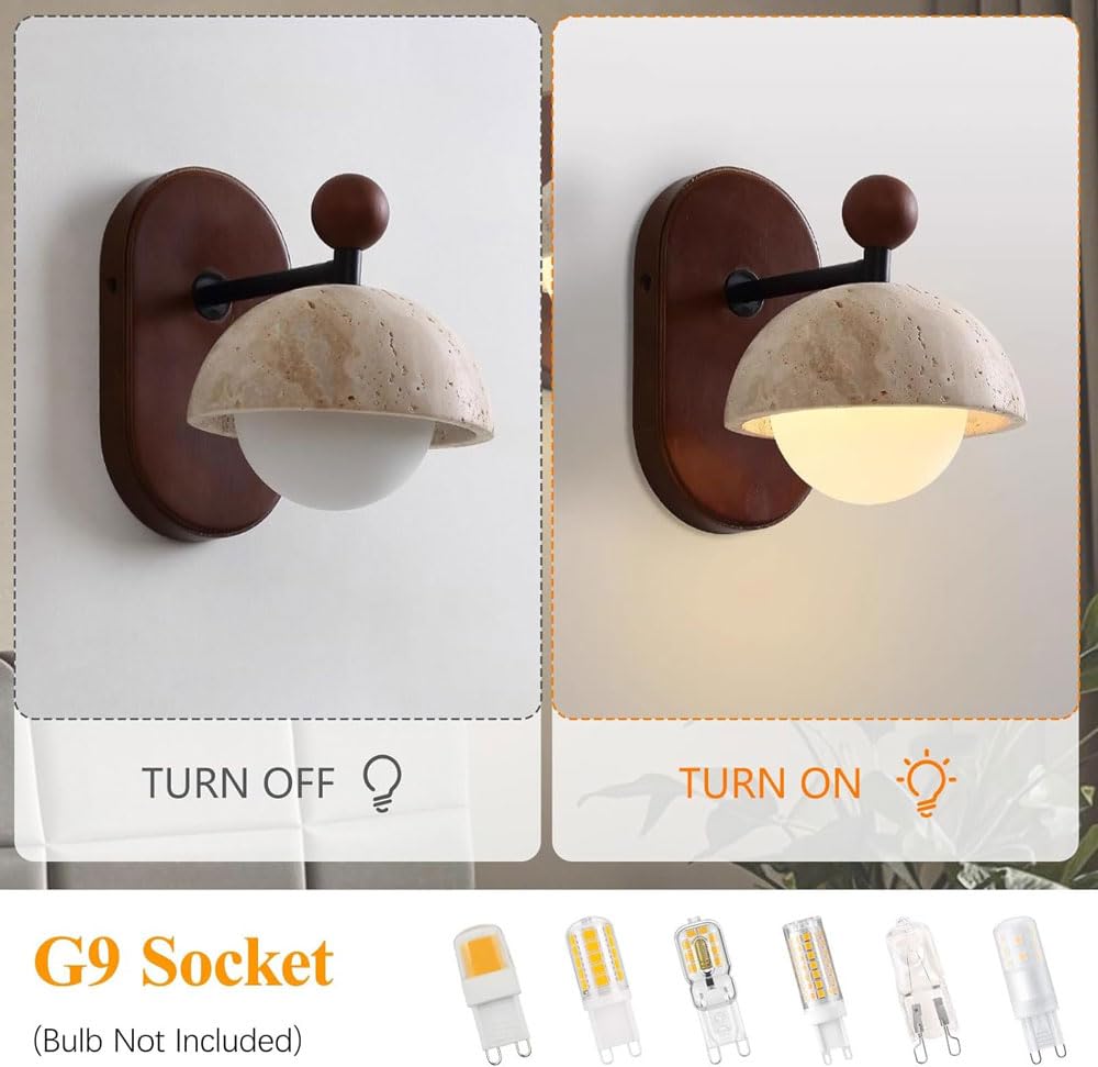 Applique da Parete con Paralume sferico in Vetro, Stile Industriale, in travertino Giallo, con Base in Legno e Pietra Naturale, Ideale per Decorare ristoranti, soggiorni e camere da Letto.