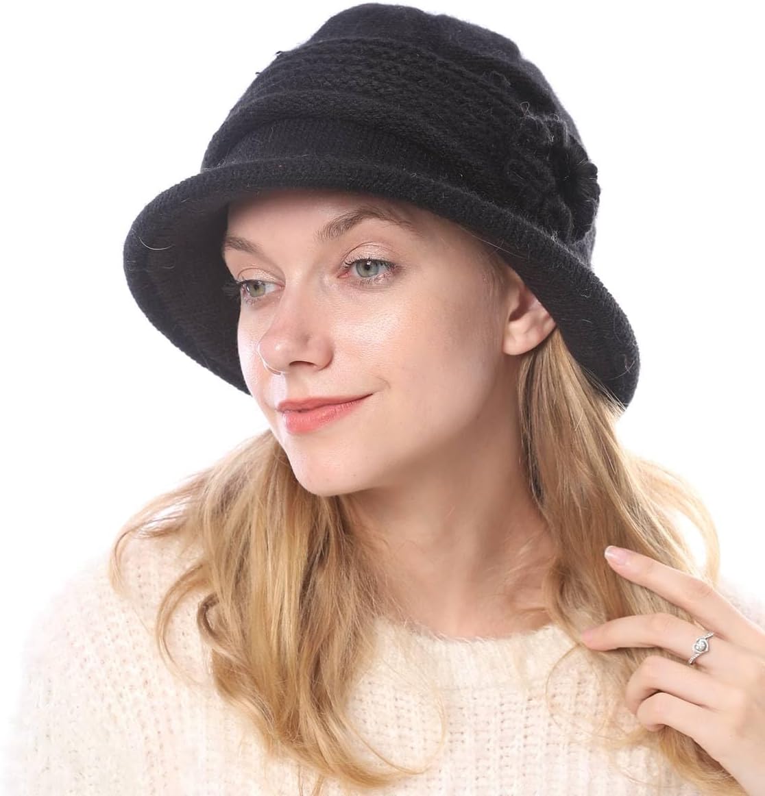 ZffXH Womens Cloche Hat, Winter Knit 1920 Vintage Beanie Cap Bowler Church Bucket Dress Felt for Women Ladies Seniors
