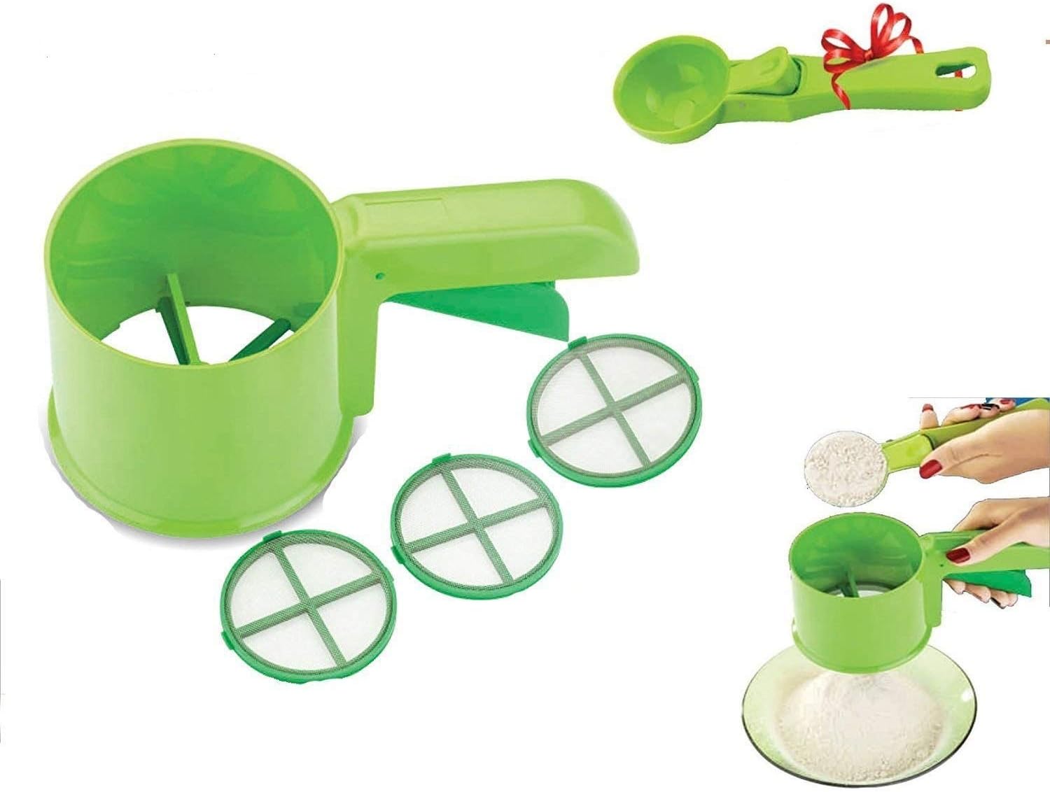 3 in 1 Flour Shifter Strainer With Multi Purpose Scoop/Spoon (Color may Vary)