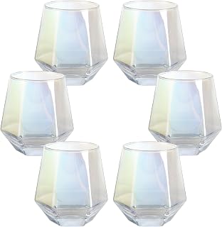 Stemless Wine Glasses Set of 6, 10oz Iridescent Wine Glasses, Diamond Shaped Glass Cups for Cocktail, Whiskey, Gift