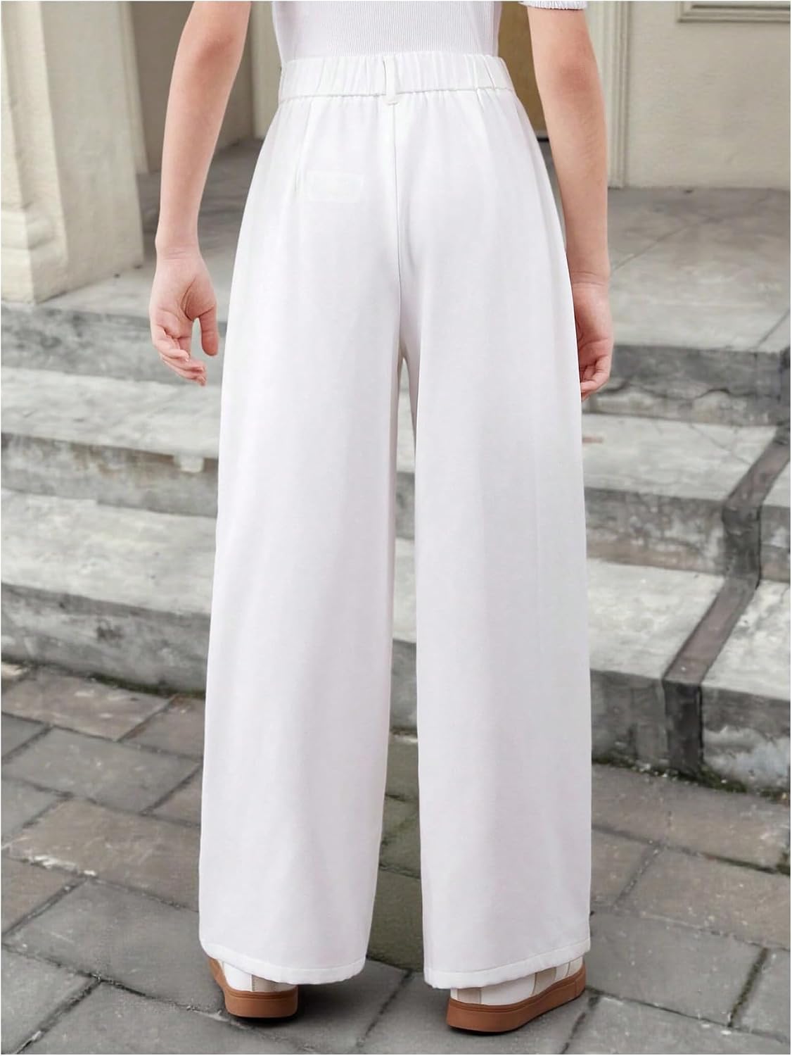 OYOANGLE Girl's Button Down Wide Leg Pants Elastic Waist Casual Solid Uniform Trousers
