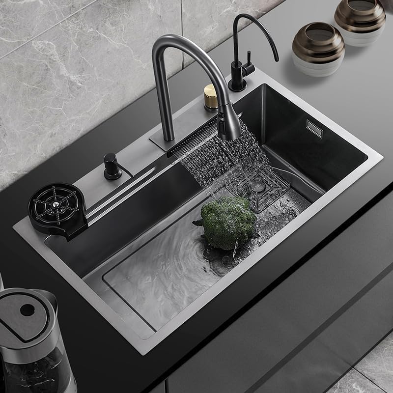 Sponsored Ad - Hisre All in one Waterfall Kitchen Sink, 304 Stainless Steel, 30x18x9 Inch, Matt Black, with Cup Washer, Drain Baskets