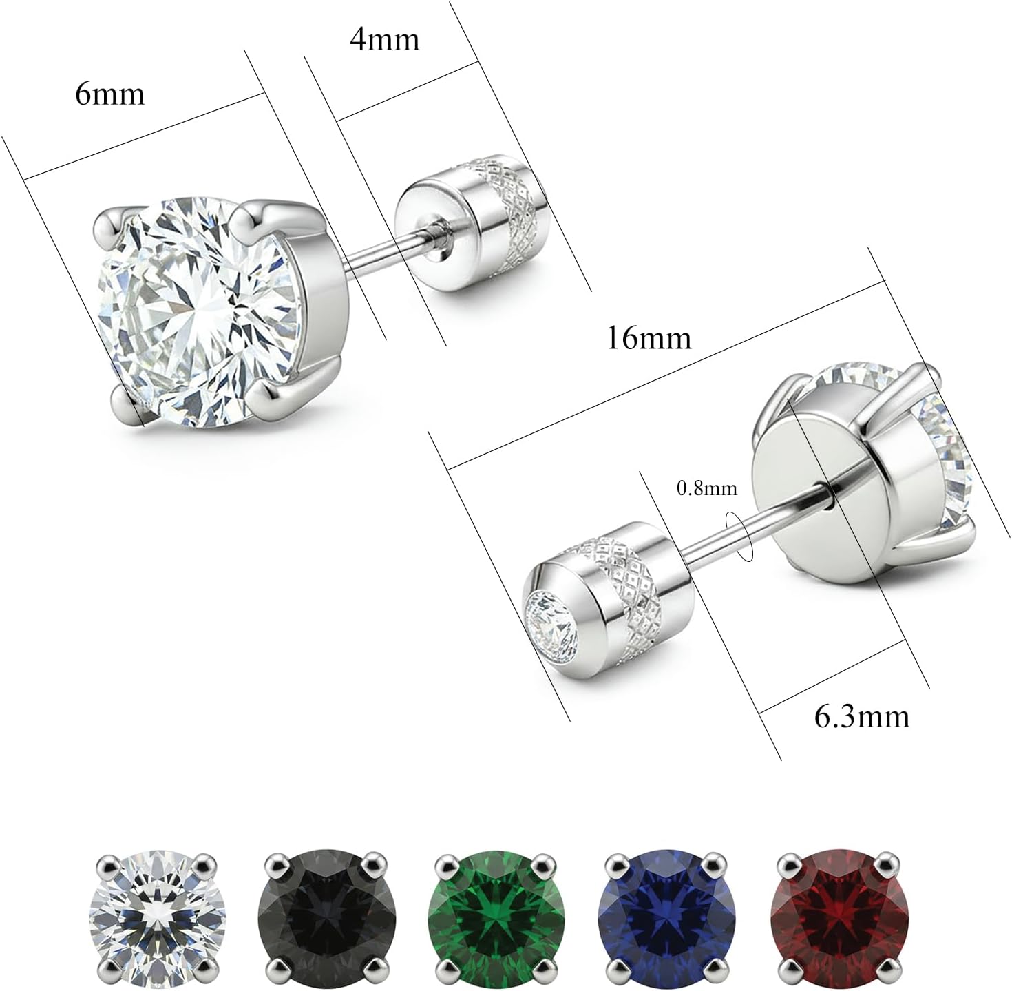 AILIFE 5 Pairs Stud Earrings Set Hypoallergenic Surgical Stainless Steel Earrings for Women Men , Balls/ Square/ Round Surgical Steel Stud Earrings Screw Back Multicolored Cubic Zirconia Titanium Earrings - Image 8