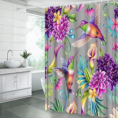 Hummingbird Shower Curtain Flower Bird Calla Lily Watercolor Purple Floral Leaves Vintage Romantic Garden Plant Nature Fabric Curtain Sets with Hooks,Violet Grey Cover