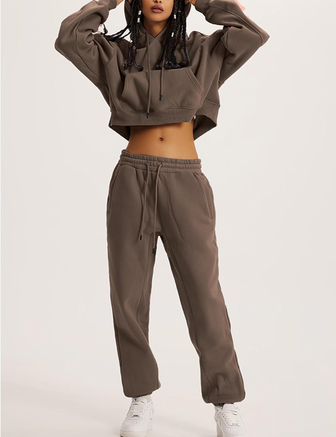 Flygo Womens Fleece 2 Piece Outfits Sweatsuit Crop Pullover Sweatshirt Joggers Pants Tracksuit Set - Image 4