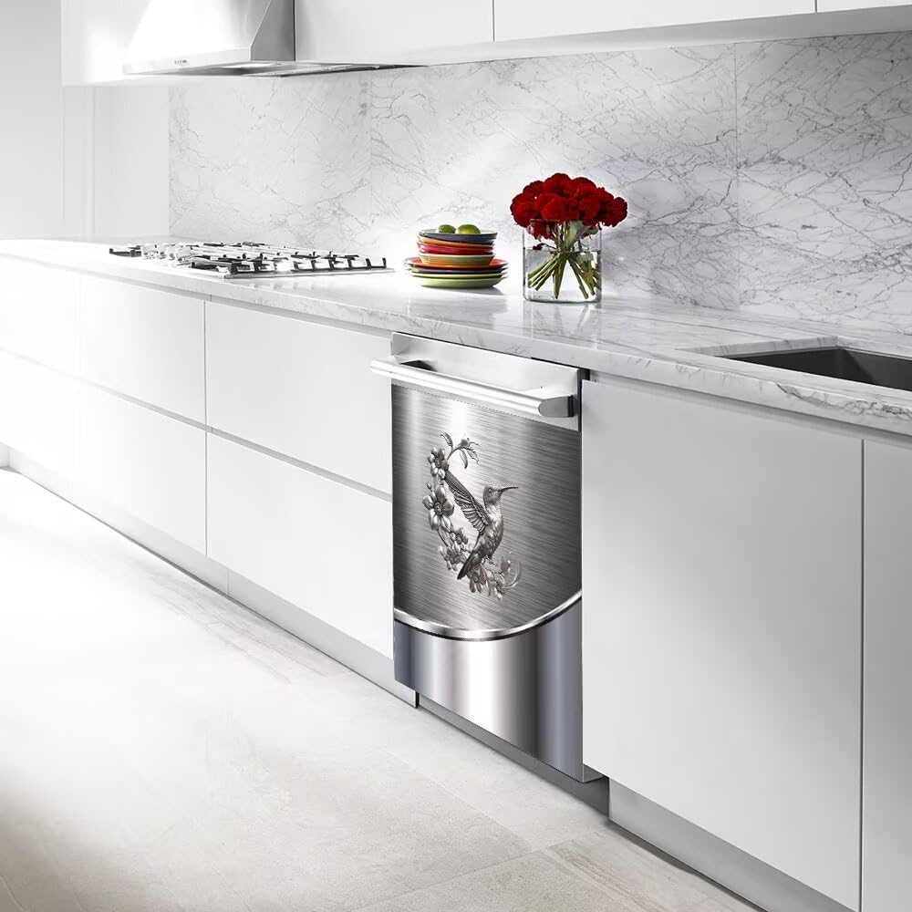 stainless steel style design bird flower pattern dishwasher front door cover magnet stickerekr,sticker for fridge,refrigerator magnetic panel decals,home appliances magnets 23w x 26h inchs stainless steel bird flower 5 23 w x 26 h inches(magnetic)