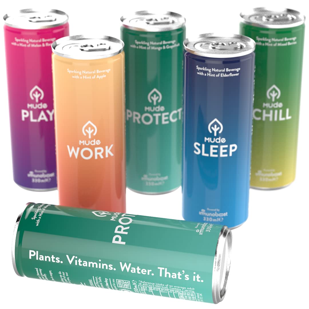 Mude Sampler Pack | Natural Sparkling Drinks for Immune Health with Functional Benefits | 40 Calories, Low Sugar, Vegan, 330 millilitre Slim Can, 6pk