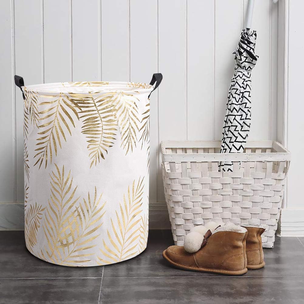 UUJOLY Collapsible Laundry Basket, Laundry Hamper with Handles Waterproof Round Cotton Linen Laundry Hamper Printing Household Organizer Basket, 19.7x15.7 inches (Gold leaf)