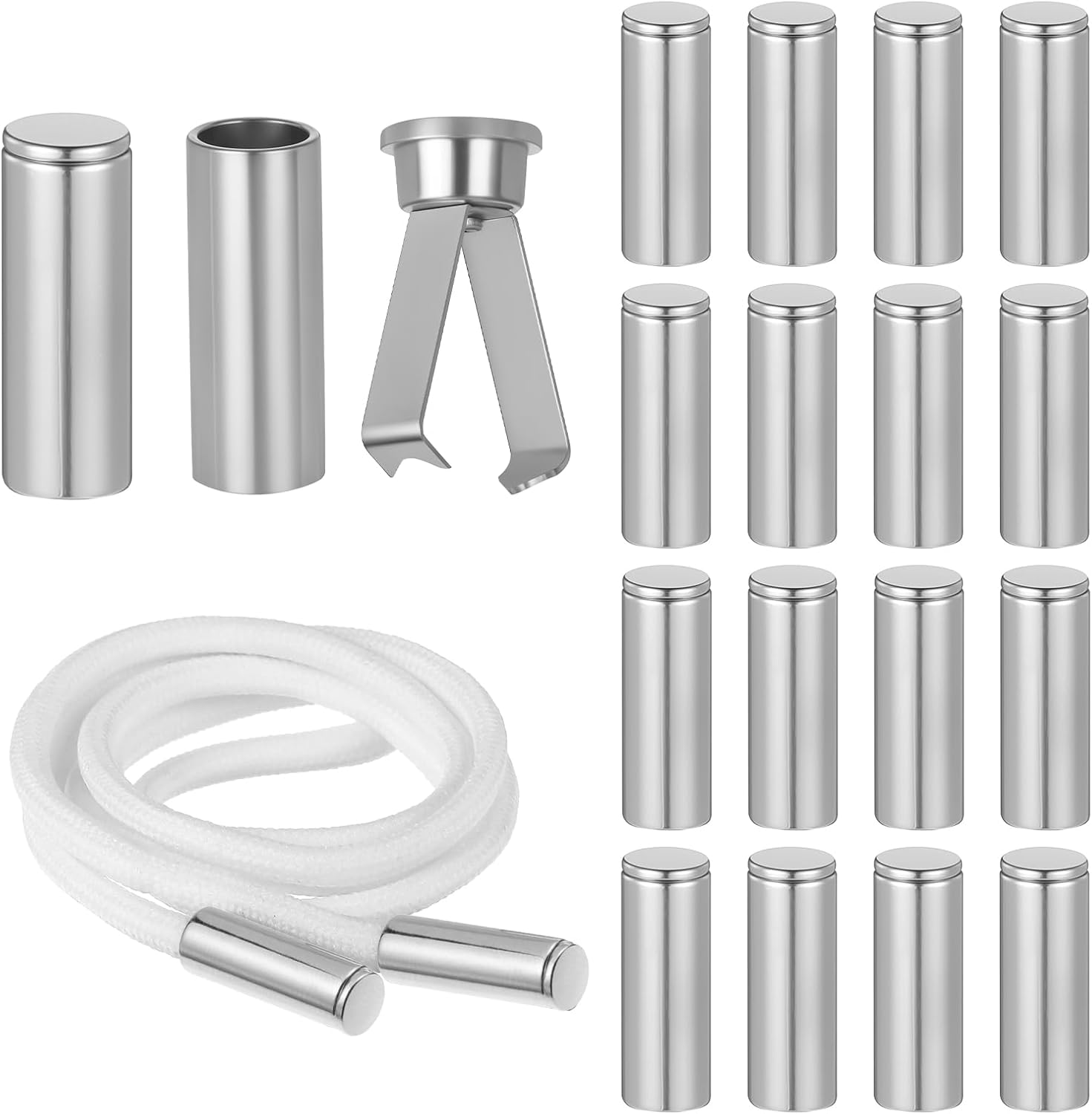 16 PCS Silver Cord End Caps, Metal Shoe Lace Tips Replacement Ends Fold-Over Cord Ends Bells Tips Ribbon Ending Clasp Paracord End Caps for DIY Repairing and Design, Tassel, Lanyard, Hat, String