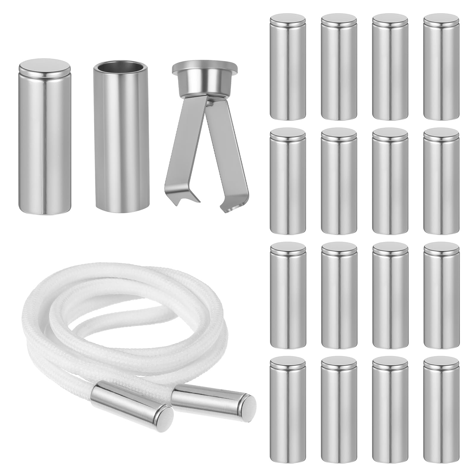 16 PCS Silver Cord End Caps, Metal Shoe Lace Tips Replacement Ends Fold-Over Cord Ends Bells Tips Ribbon Ending Clasp Paracord End Caps for DIY Repairing and Design, Tassel, Lanyard, Hat, String