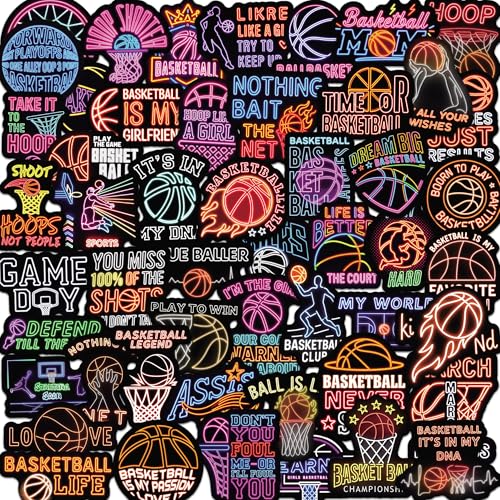 DETICKERS Neon Basketball Stickers for Basketball Fans Boys Water Bottles 50 PCS Waterproof Vinyl Sports Stickers Team Gifts