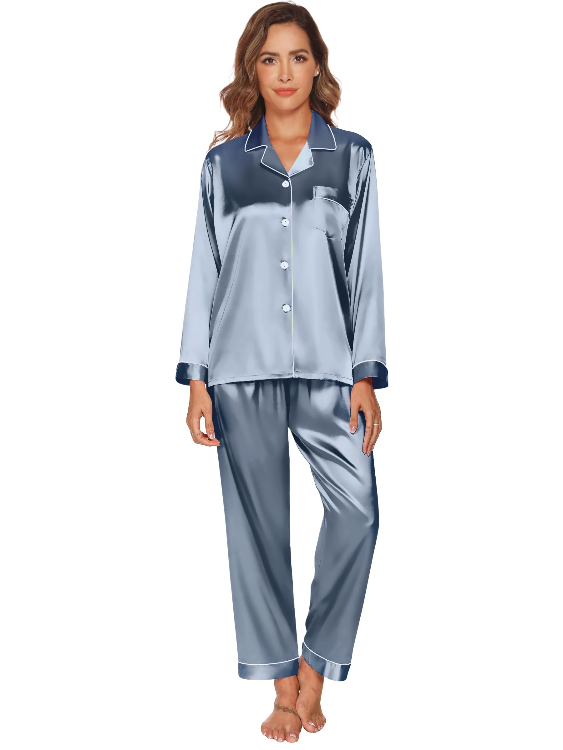 GAESHOW Pigiama Donna Estivo, Pigiama Donna Estivo in Raso con Bottoni, Pigiami Due Pezzi a Maniche Lunghe e Pantaloni Lunghi Morbido Comodo Set Pigiama S-XXL