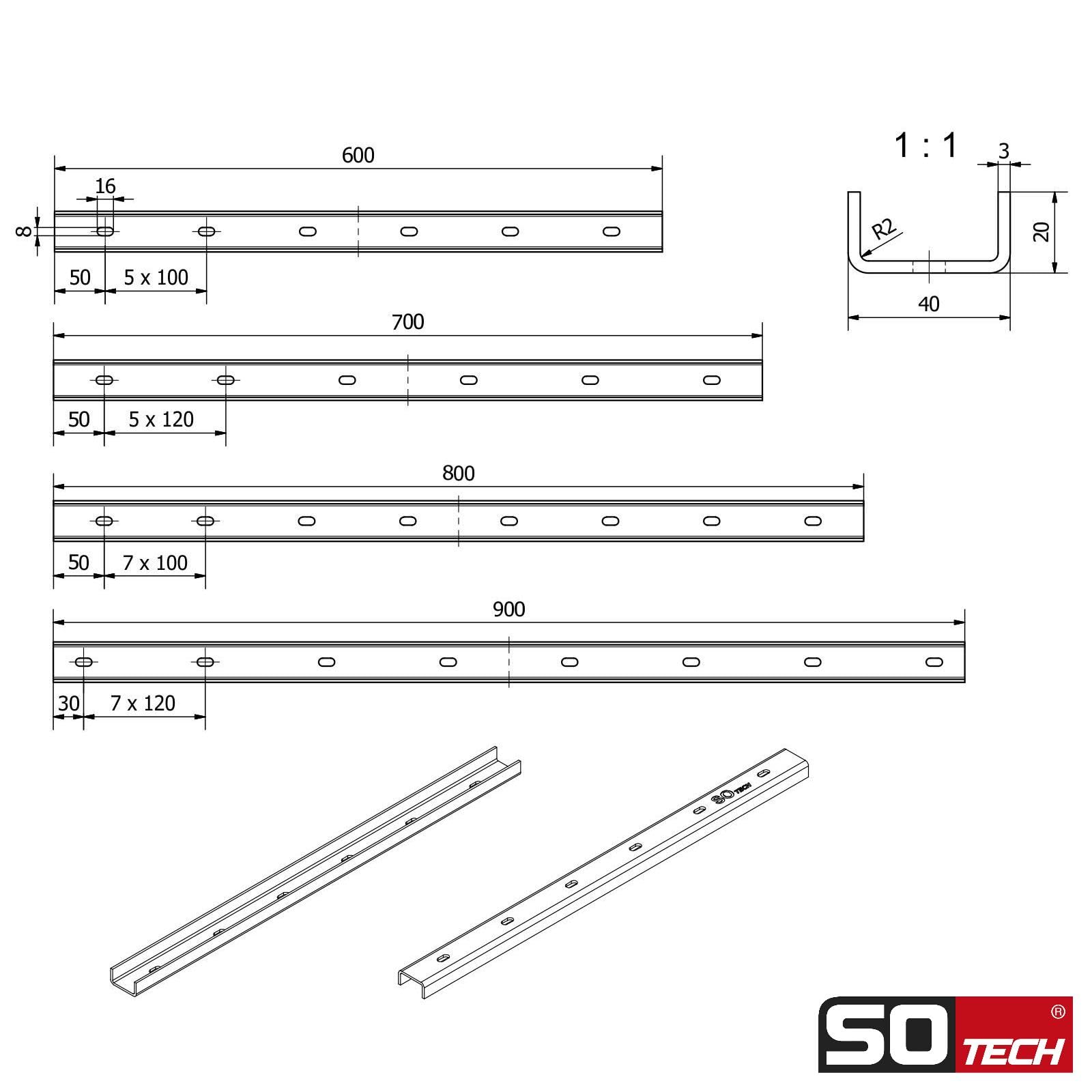 SOTECH Gratleisten 3 Stück U-Form Stahl schwarz 70 x 4 x 2 cm für Tischplatten/inkl. Befestigungsschrauben und Einschraubmuffen Verstärkungsprofil, Querstrebe, U-Profil, Aussteifungsprofil