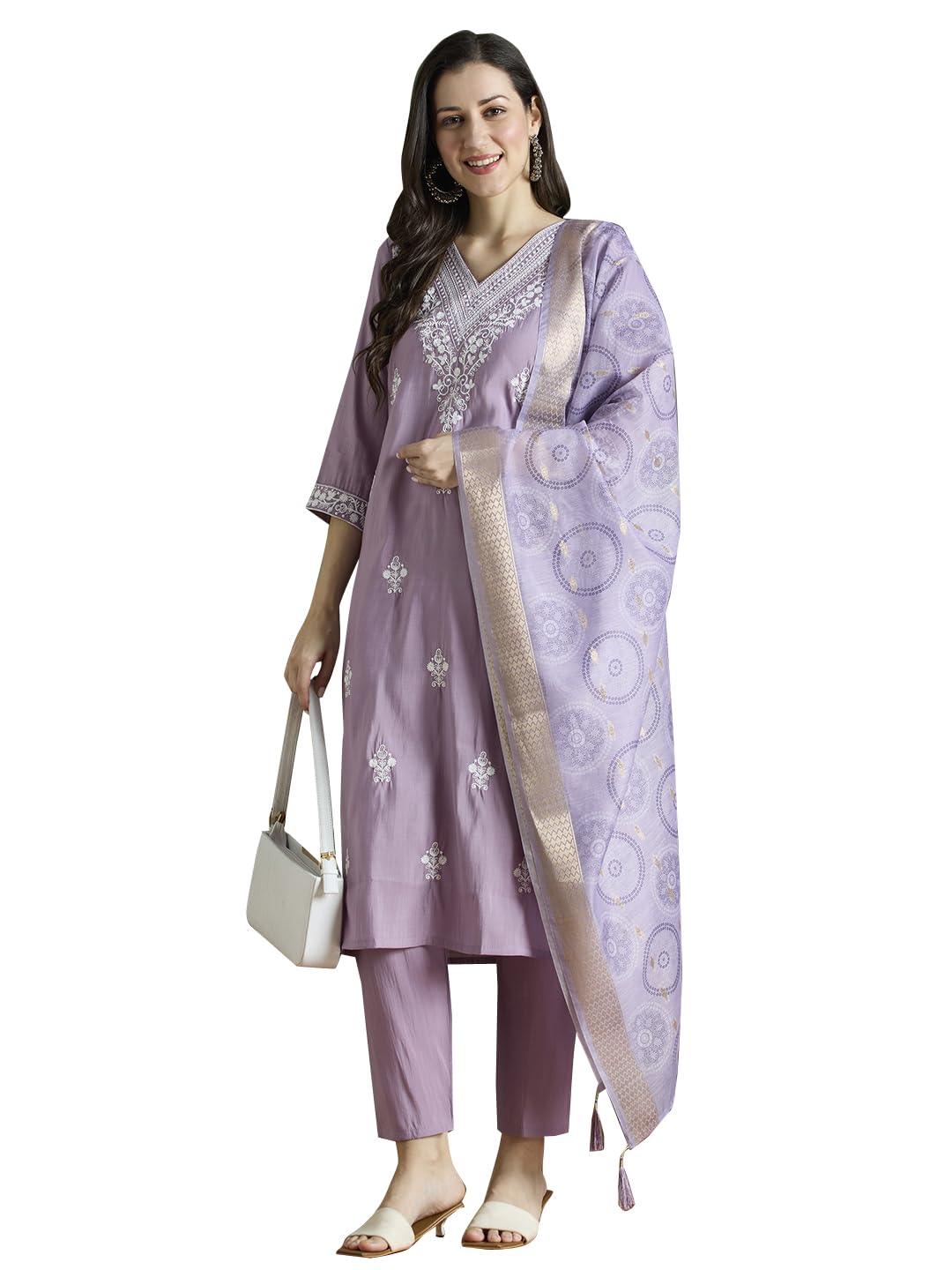 Women’s Lavender Viscose Silk Kurta Set with Pant & Chanderi Dupatta | Embroidered 3 Piece Suit Set for Daily & Office Wear-picture-28