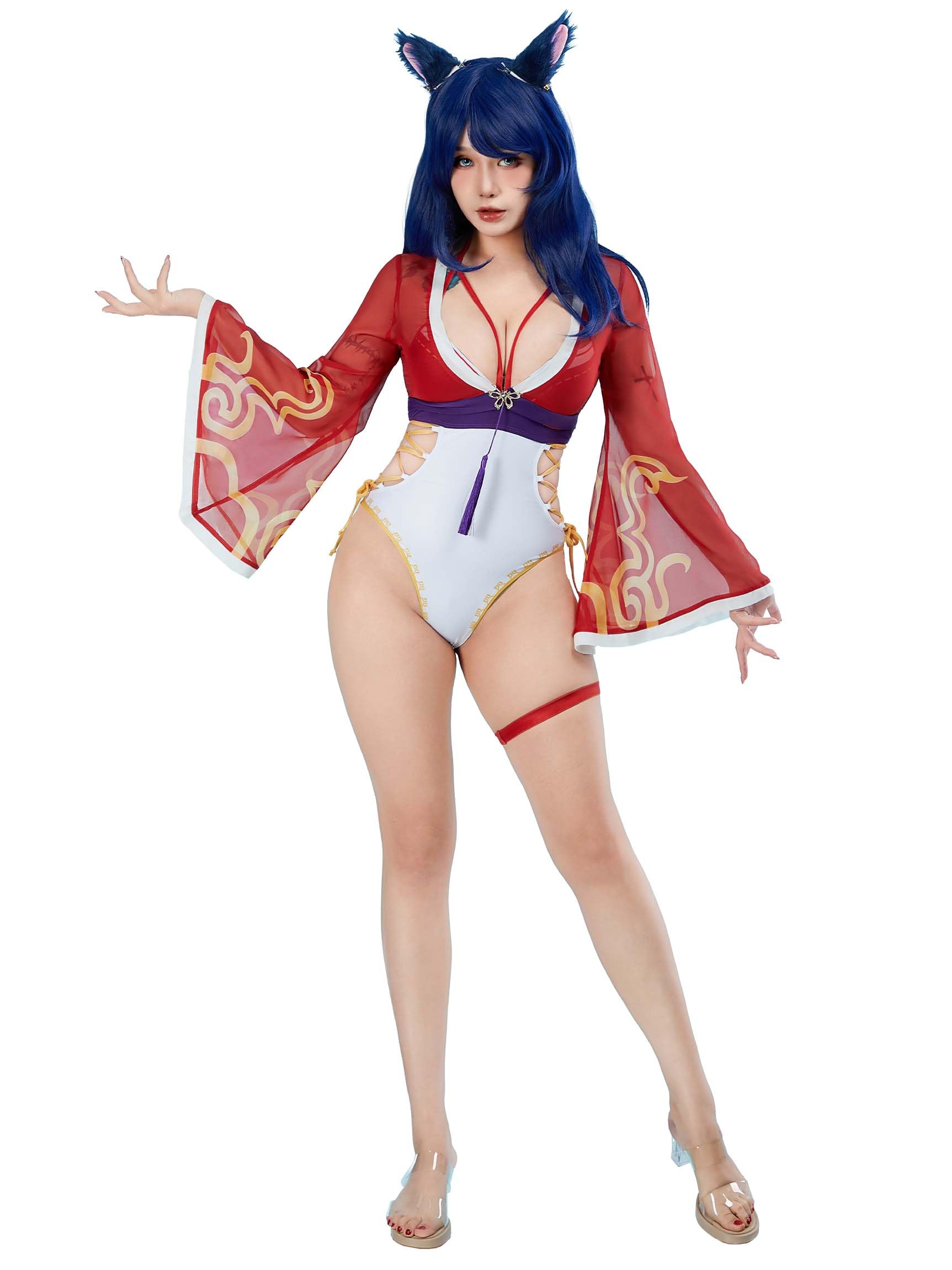 haikyuu Costume intero da donna con spalline incrociate, costume da bagno per cosplay, con copertura in chiffon e orecchie, Rosso, Small