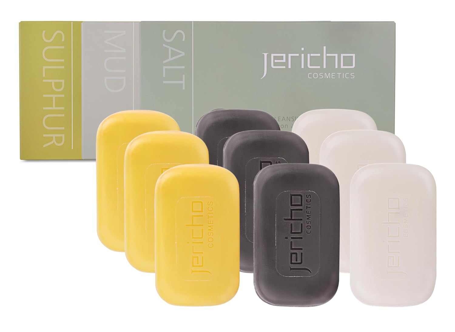 Jericho Dead Sea Soap Bar Variety Pack – 3 Bars (Cleansing, Sulfur, Mud) – Mineral-Rich Face & Body Soaps for All Skin Types, Oily Skin, and Acne Care - 4.4 oz / 125g (Pack of 9)