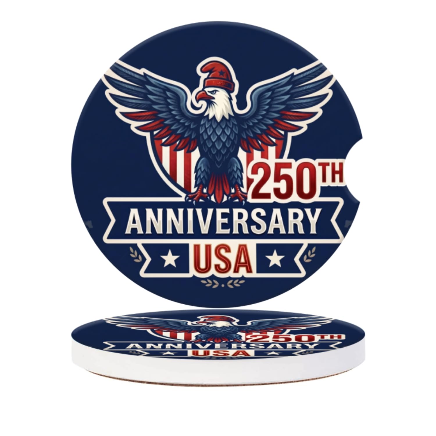 Car Cup Coasters for Cup Holders - USA Eagle 250th Anniversary Crest Design, Ceramic Coasters with Finger Notch & Cork Base - Anti-Slip Car Interior Accessories for Women Men, Pack of 2, 2.56 Inches