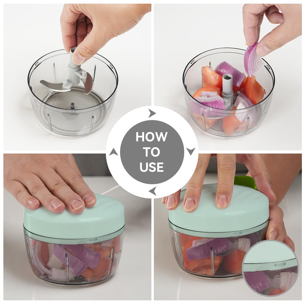 Procesador manual de alimentos picador de verduras 2.3 tazas pequeño mini cuerda de tracción manual picadora de cebolla picadora de ajo con 3 cuchillas de acero inoxidable - verde