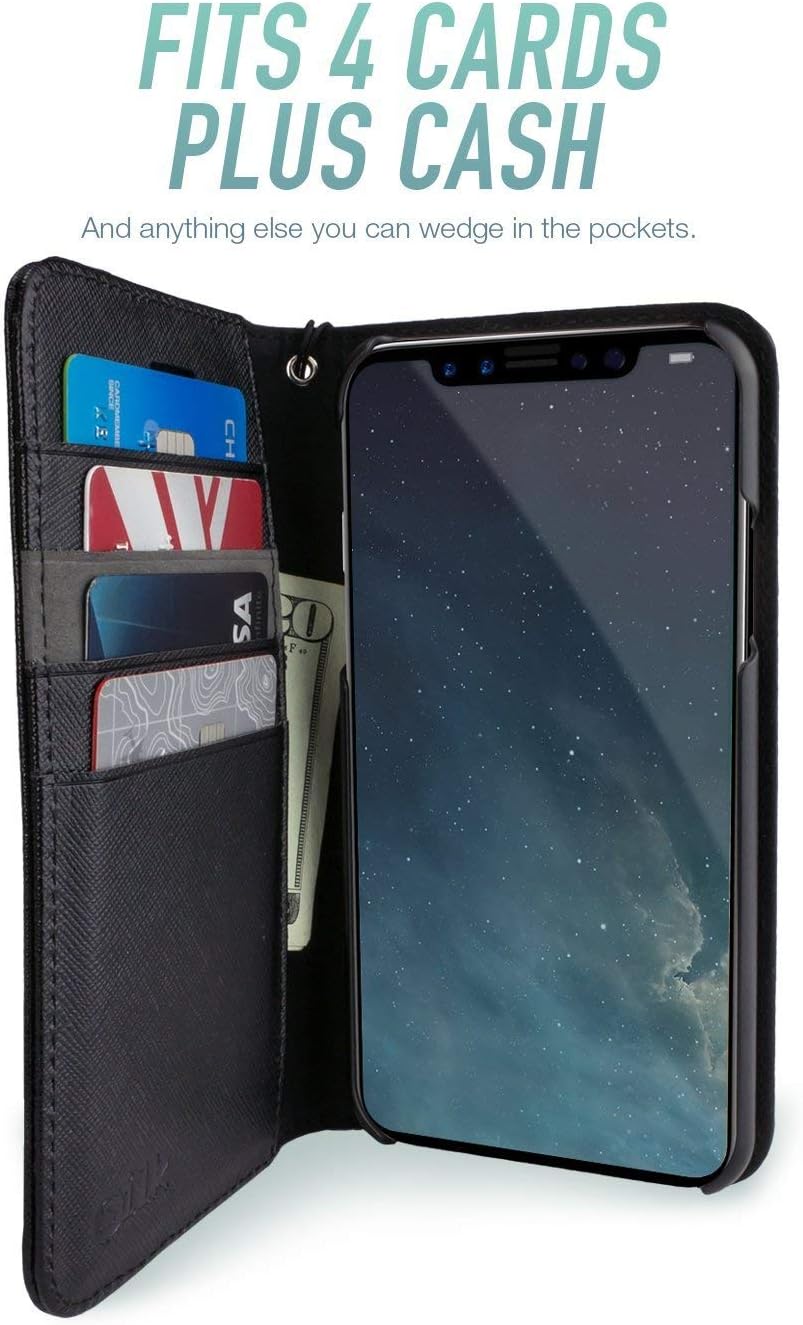 Smartish iPhone X/XS Wallet Case - Keeper of The Things - Folio Wallet Synthetic Leather Portfolio Flip Credit Card Cover with Kickstand (Silk) - Black Tie Affair