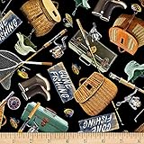 Timeless Treasures Gone Fishing Fishing Gear Black, Fabric by the Yard