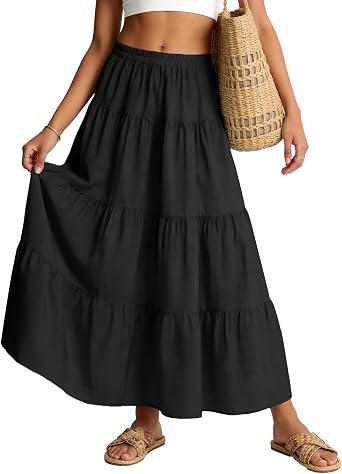 Flygo Flowy Maxi Skirts for Women Summer Tiered Boho A Line Skirt Pleated High Elastic Waisted Flared Ruffle Long Skirts