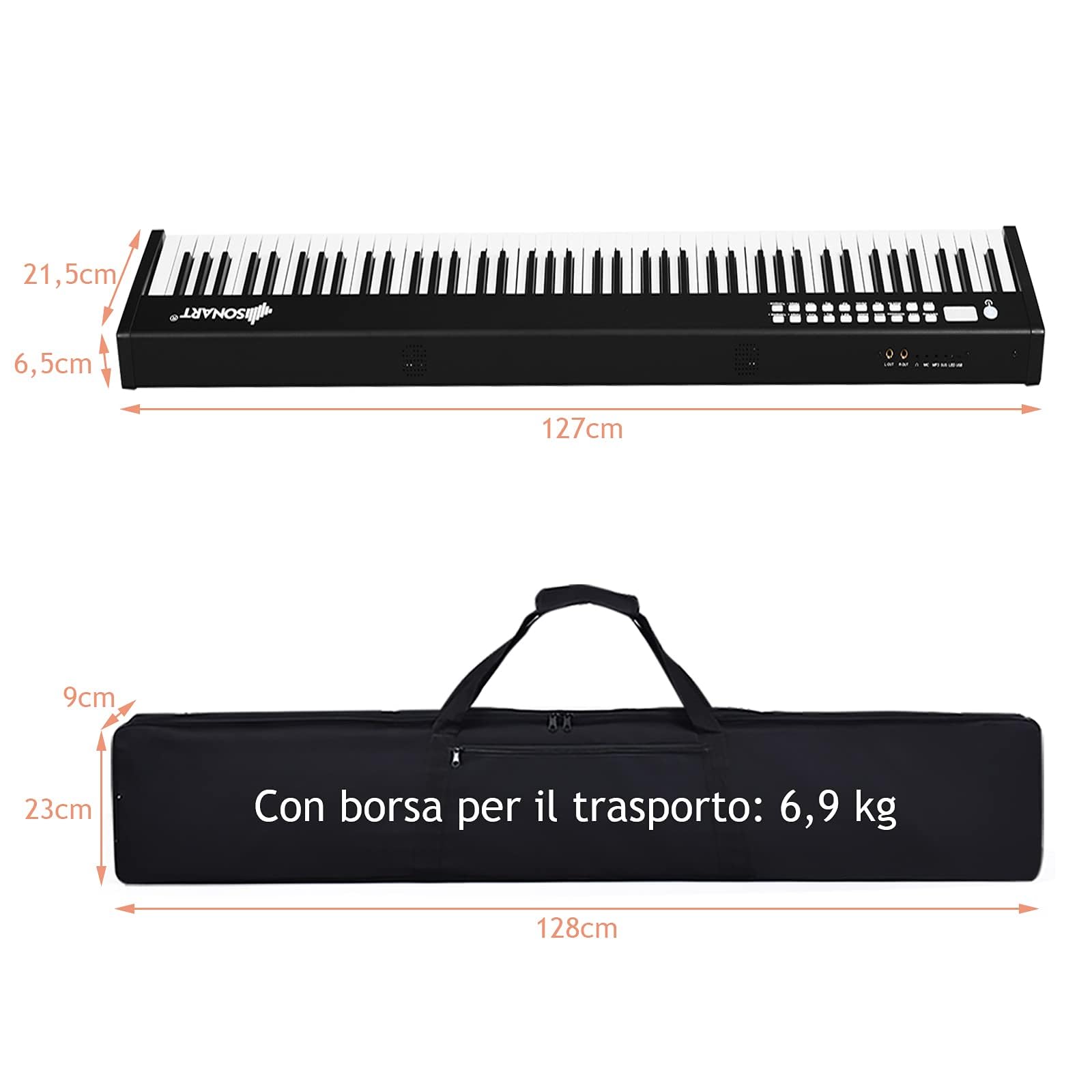 GYMAX Tastiera Elettronica 88 Tasti, 128 Ritmi e 128 Suoni, Pianoforte Digitale Portatile con Funzione di Insegnamento, Interfaccia USB, Borsa, Pedale di Sustain, per Bambini 3 Anni+ (Nero)