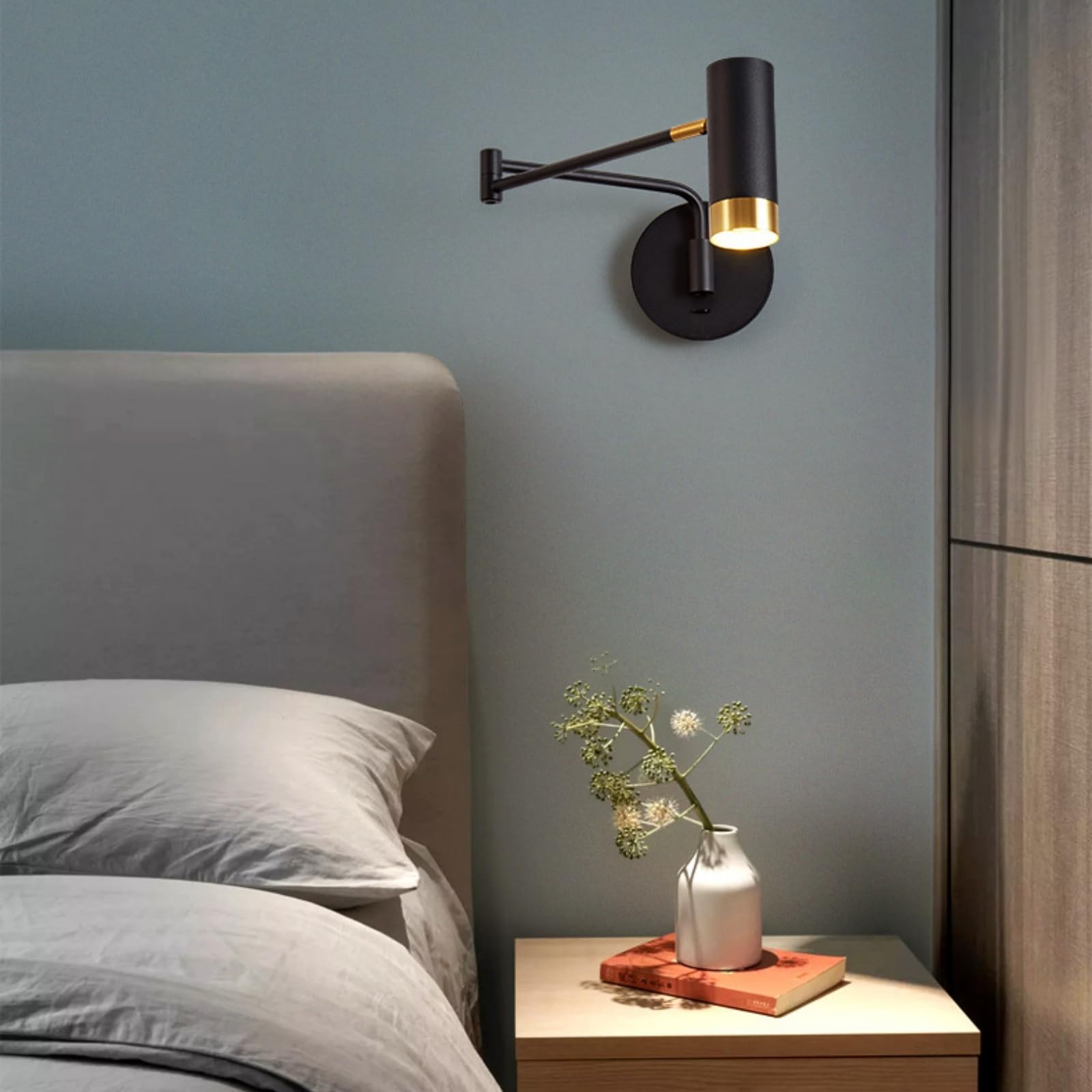 Ausziehbare Wandlampe mit Schalter und Schwenkarm, Leselampe Wand | mit Verstellbarem Langen Arm, Schwenkbar Vintage Industriell E27 5W LED Wandleuchte, für Wohnzimmer Schlafzimmer, Schwarz