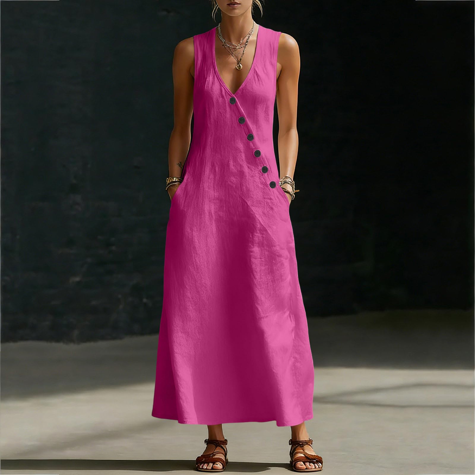 EMATOP Vintage Kleider Damen V-Ausschnitt Strandkleid Lässig Ärmellos Sommerkleider Langes Lockeres Midikleider Luftiges Elegant Shirtkleider mit Taschen Wickelkleid Einfarbig Boho Kleid