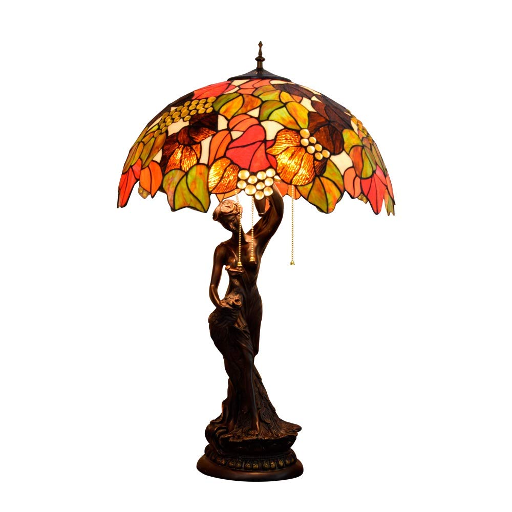 Aioneer Large Tiffany Style Table Lamp, Dead Leaves Green Leaf Glass Shade Desk Lamp, Vintage Decoration Bedside/Nightstand Light With For Living Room Bedroom