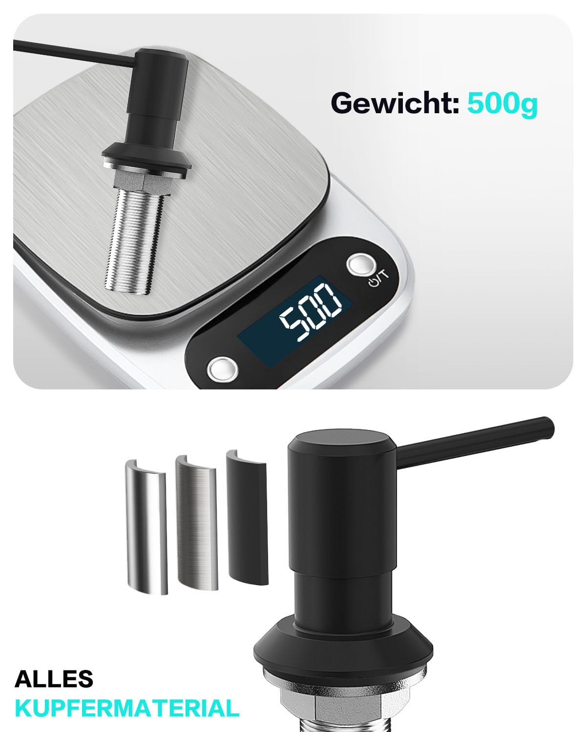 Seifenspender Schwarz Matt, Seifenspender Küche Einbau für Spülbecken, Spülmittelspender Küche mit 300ML Flasche und 1,2 m Schlauch, Seifenspender aus Kupfer, Oben Befüllen, Edelstahlmuttern