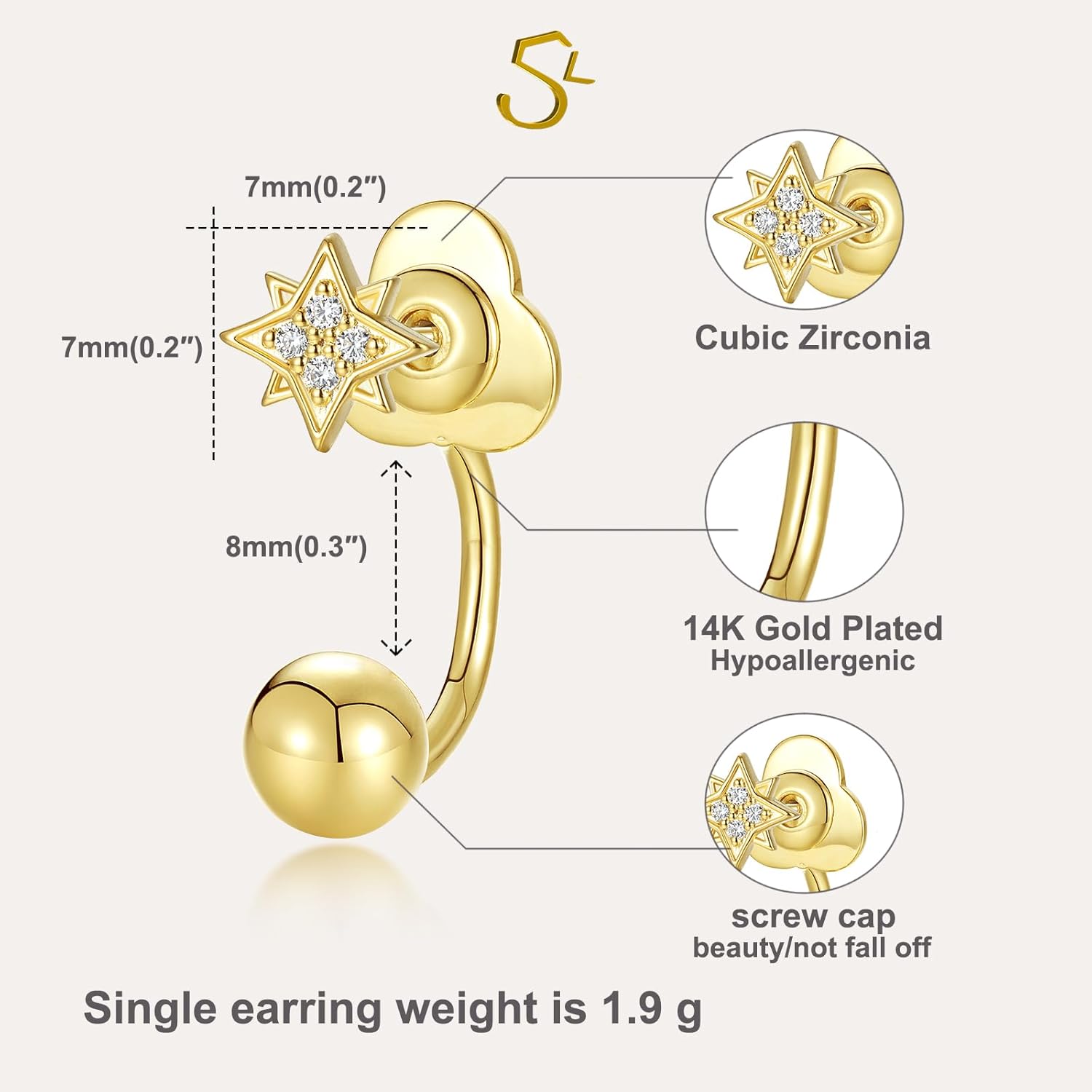 S.L.J Brass 14K Gold Plated Silver Plated Convertible Earrings │ Cross, Heart, Star │ U-shaped Curved Rod, Dainty Earrings for Women Lightweight