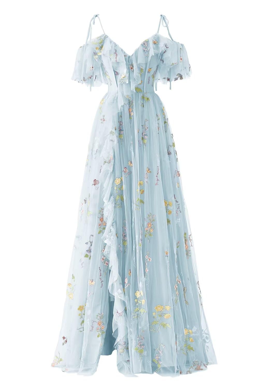 Zepumen Tulle Prom Dresses for Women Flower Embroidery Floor Length Formal Evening Party Gown