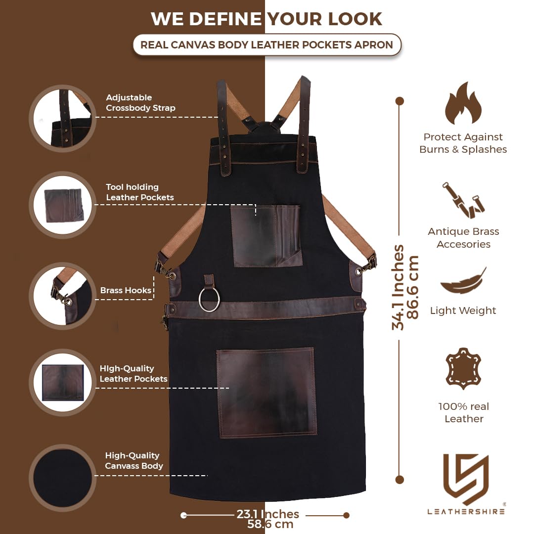 Top Grain Leather Black Canvas Crossbody Apron Butcher Apron - Cook Apron - BBQ Apron - Cooking Apron - DIY Apron - Woodwork Apron Gift for Him Gift for Her - Image 2