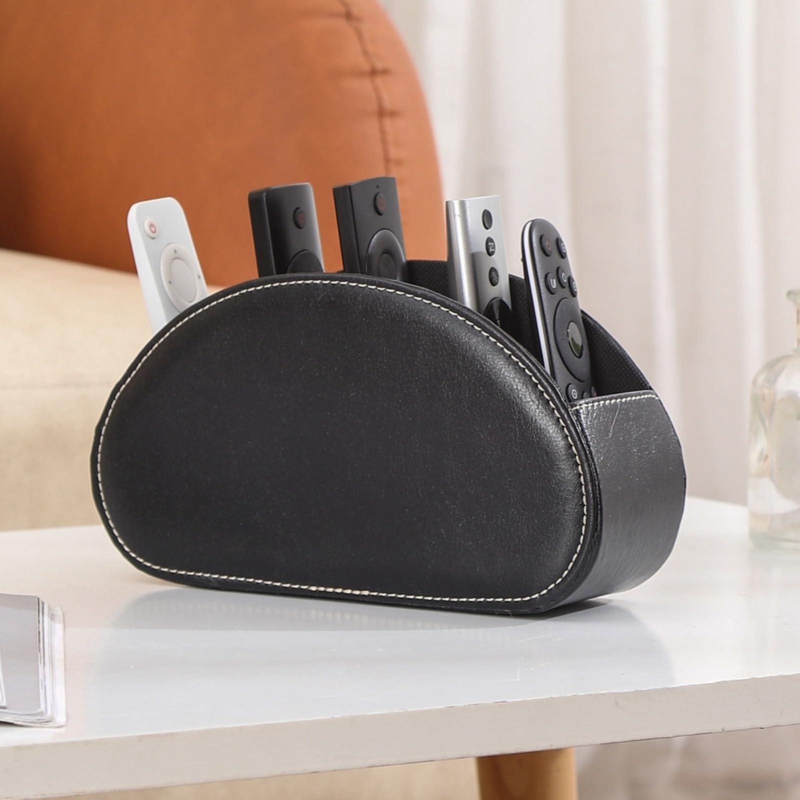 LINKWELL Remote Organizer, PU Leather Remote Control Holder for Bed with 5 Compartments, Remote Holder For Nightstand Bedroom Bedside, Black PH91