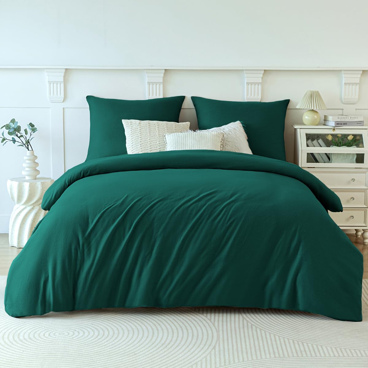 Soifox Fleece Warm Duvet Cover Set Double Quilt Bedding Set, Dark Green