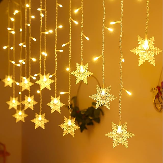 EEFOW Christmas Curtain LED Window Lights - Indoor Xmas Decorations Snowflake String Lights Hanging Fairy Lights with Plug  8 Modes Memory Function Waterproof Star Lights for Outdoor Garden Bedroom