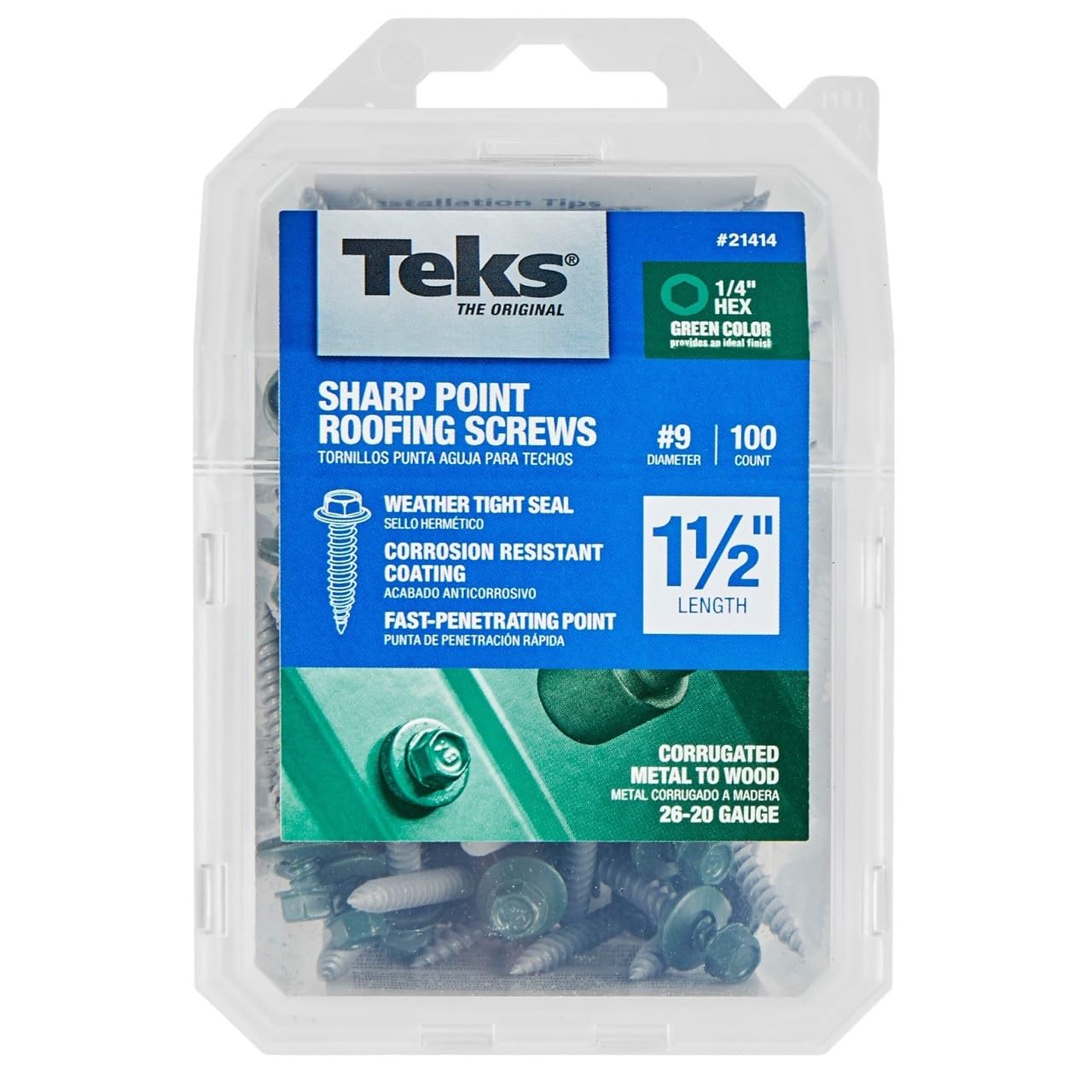 Teks 21414#9 x 1-1/2" HEX Washer Head Sharp PT Metal-to-Wood Green Roofing Screws 100CT