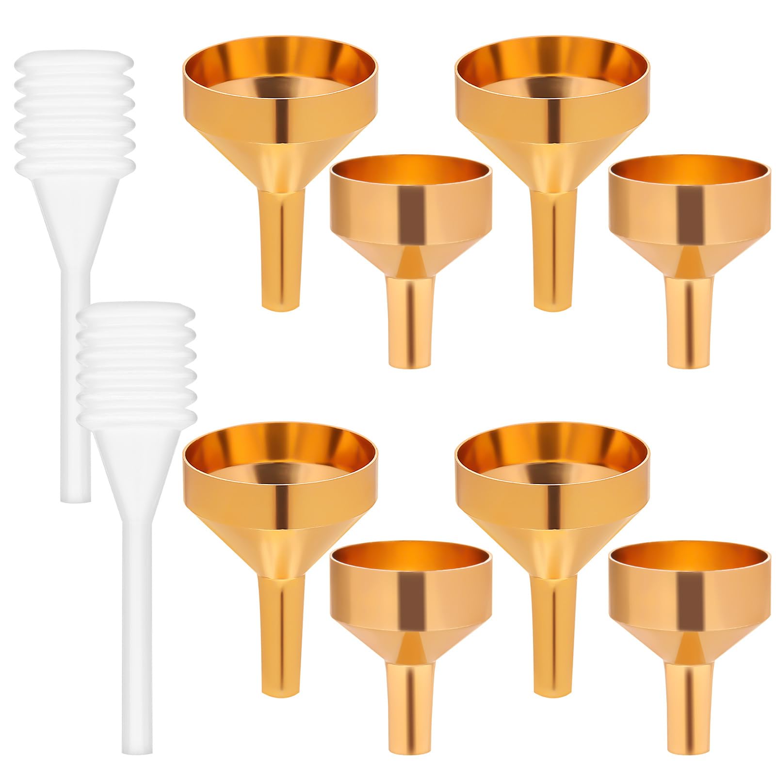 GLEAVI 8 Pack Small Metal Funnels with 2 Pack 3ml Pipette Small Bottle Filling Funnels for Filling Mini Bottles Perfume, Liquid (Gold)