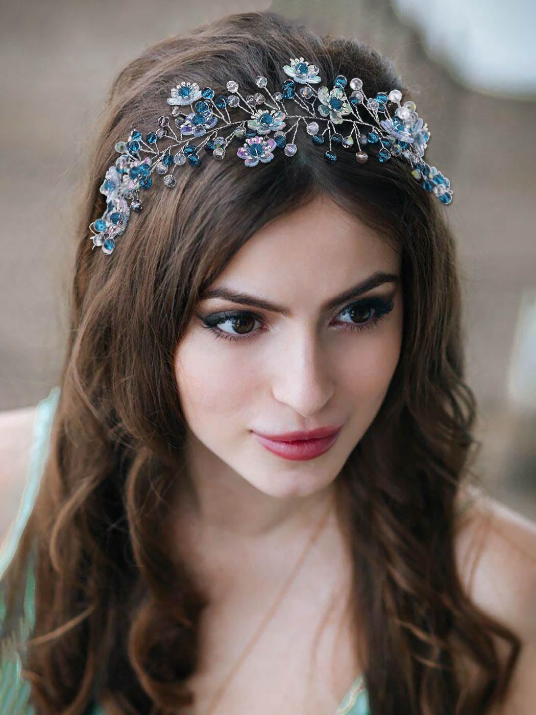 IYOU Boda Novia Vides de Pelo Cristal Azul Cabeza Flor Novias Dama de honor Accesorios para el cabello para Mujeres