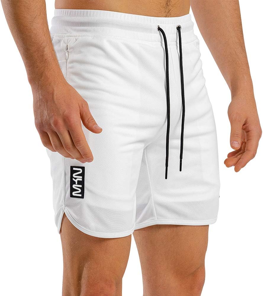 MAIKANONG Mens 7" Quick Dry Running Shorts 2 in 1 Mesh Lining Swim Trunks Beachwear White