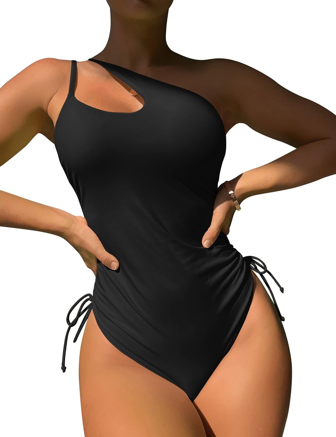 Eomenie Women's One Piece One Shoulder Swimsuit with Drawstring Tummy Control Bathing Suit Sexy High Cut Swim Suits - Image 2